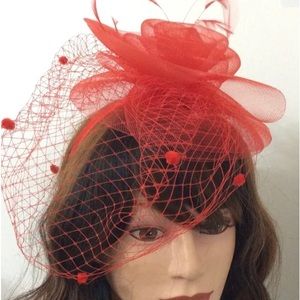 Red fascinator hat church wedding new